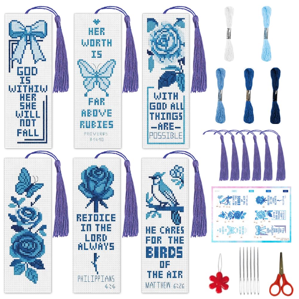 INFUNLY 6 Pcs Stamped Cross Stitch Embroidery Bookmark Kit for DIY Gifts — image 1
