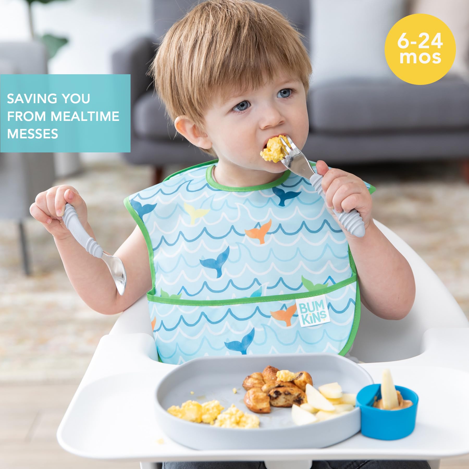 Bumkins SuperBibs Lätzchen mit Ärmeln, für Jungen und Mädchen, Babys und Kleinkinder von 6–24 Monaten, leicht, langlebig, wasserdicht, mit Fangtasche, waschbar und maschinenwaschbar, Ocean Life