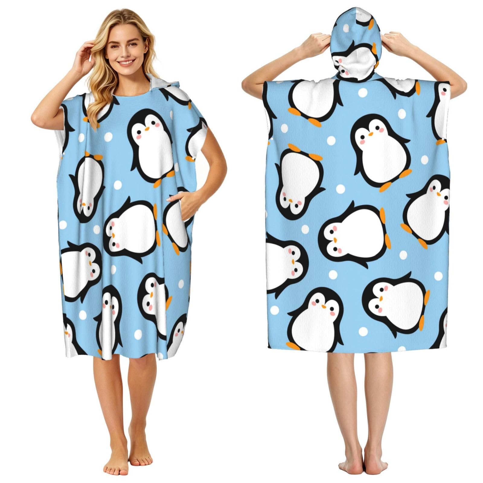 Poadnly Penguin Fluffy Winter Fluffy, Adult Hooded Beach Towel 90 x 110 cm,Changing Bath Robe, Surf Poncho Towel For Women Men