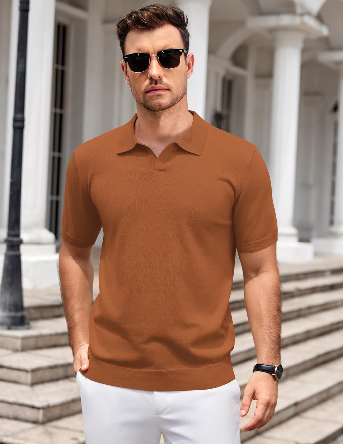 COOFANDY Men's V Neck Short Sleeve Stretch Knit Polo Shirt - Image 4