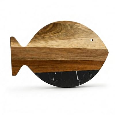 Creative Gifts International Fish Animal Block | 12" Black Marble and Acacia Wood Charcuterie Platter | Cutting Board Serving Tray | Durable Elegant Kitchen Display