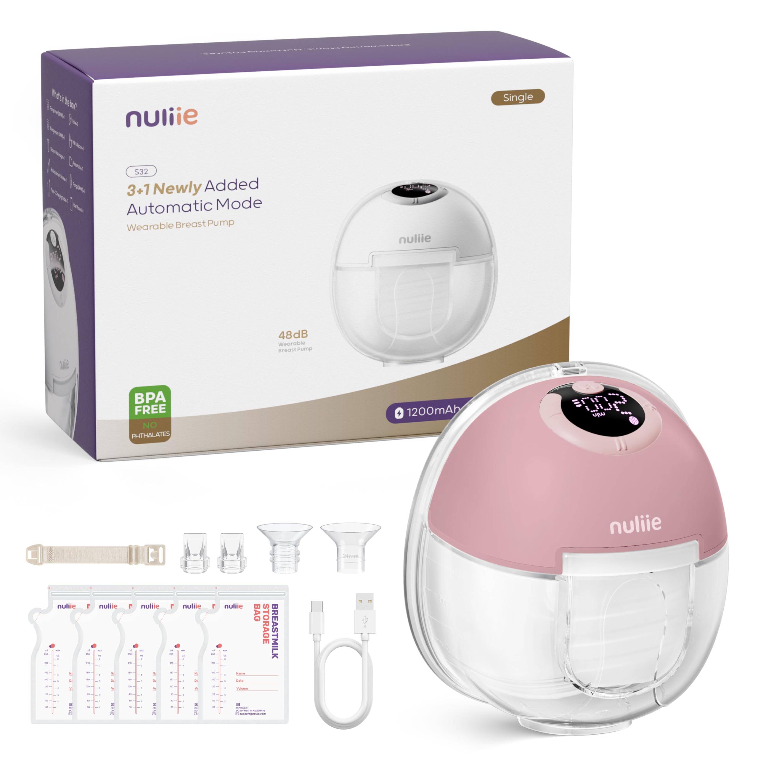 Nuliie Milchpumpe Elektrisch tragbare S32, Elektrische milchpumpe freihändig 4 Modi 9 Stufen mit 13/15/17/19/21/24 mm komfortabler Flansch, Privat, mit Ersatzzubehör im Lieferumfange