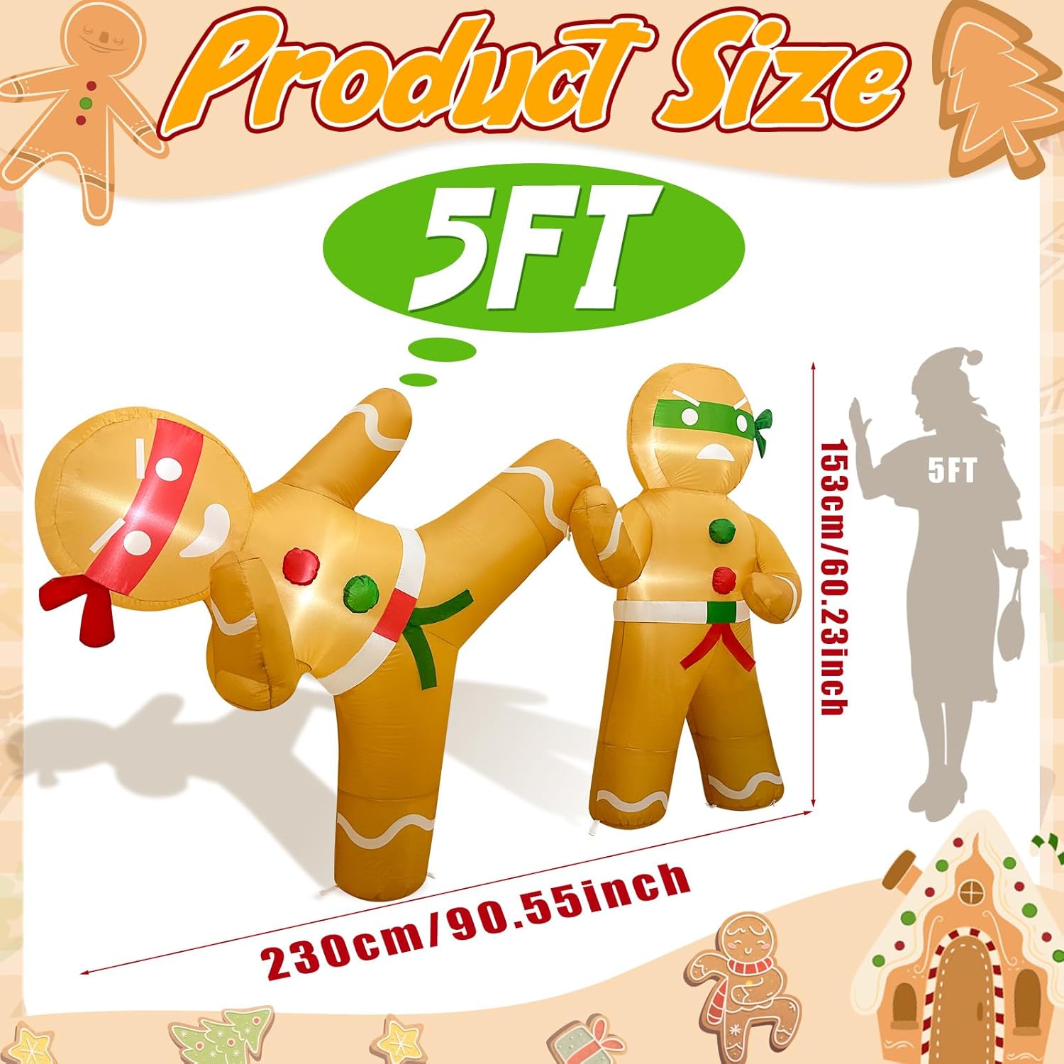2 Pcs 5 FT Christmas Inflatables Outdoor Decorations, Funny Christmas Blow Up Yard Decorations, Ninja Inflatable Gingerbread Man Decor with Built-in LED Lights for Xmas Home Garden Lawn