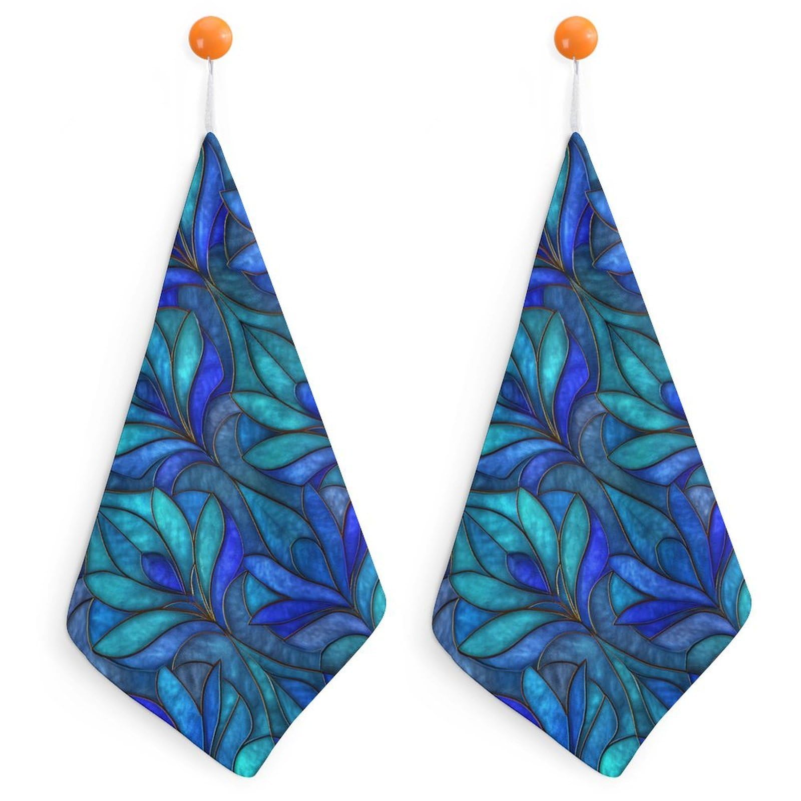 Jubonexis Blue Stained Glass Plants Small Hand Towel with Hanging Loop 2 PCS Absorbent Soft Wash Cloth for Kitchen Bathroom