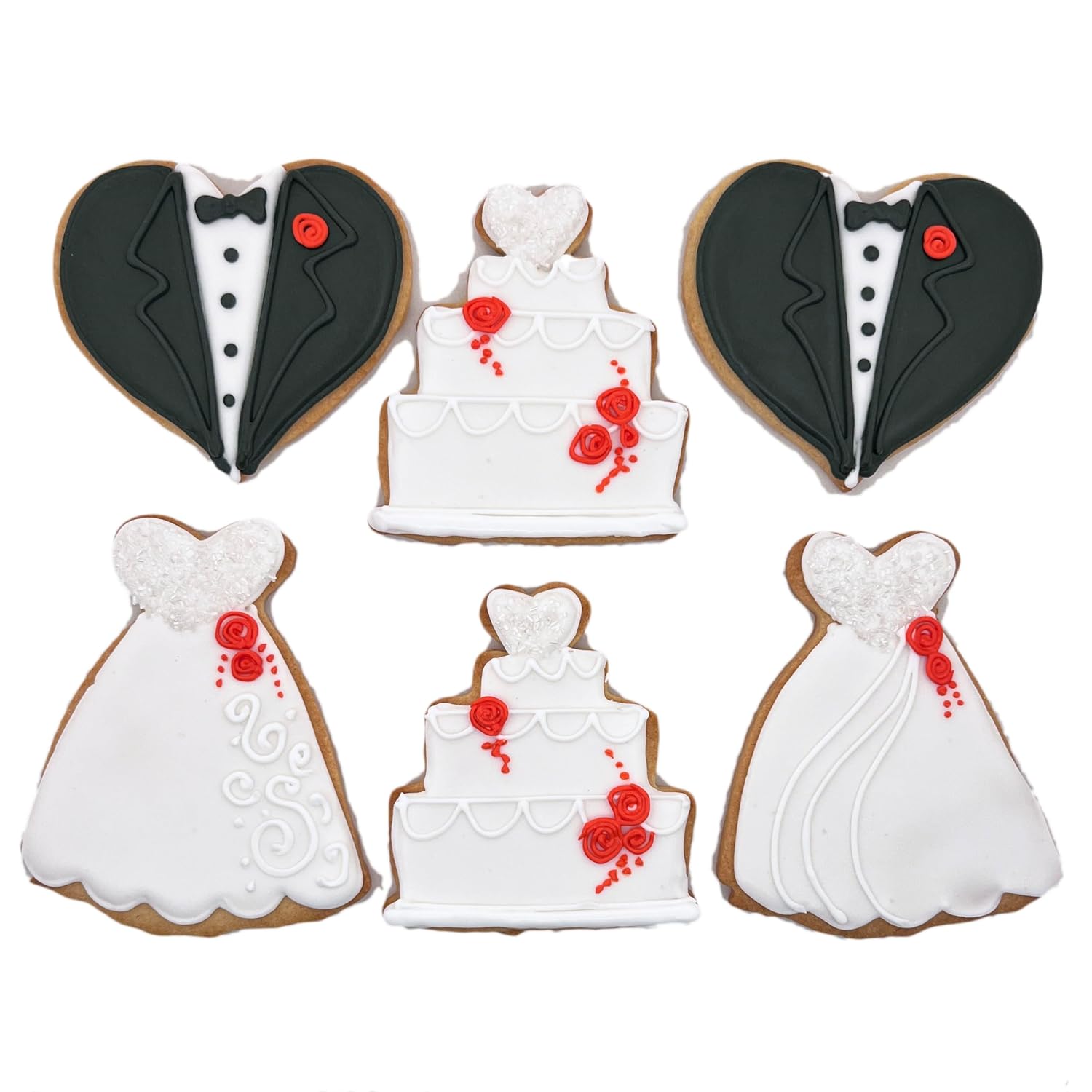Wedding Assortment Tux Dress Cake Cookies- 6 Crunchy Decorated Shortbread Cookies Individually Wrapped With Bow by BakersDozenToGo