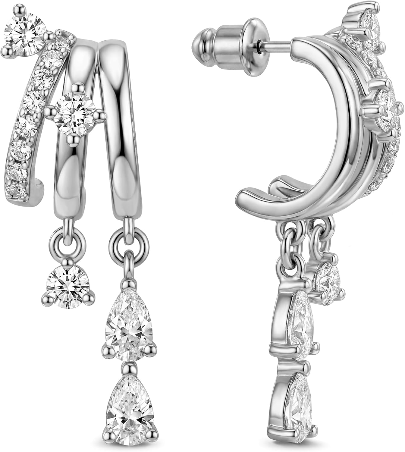 Triple Huggie Stacked Earrings for Women Gold Chain Drop Dangle Earrings Cute Statement CZ Earrings Trendy Dainty Jewelry Gift