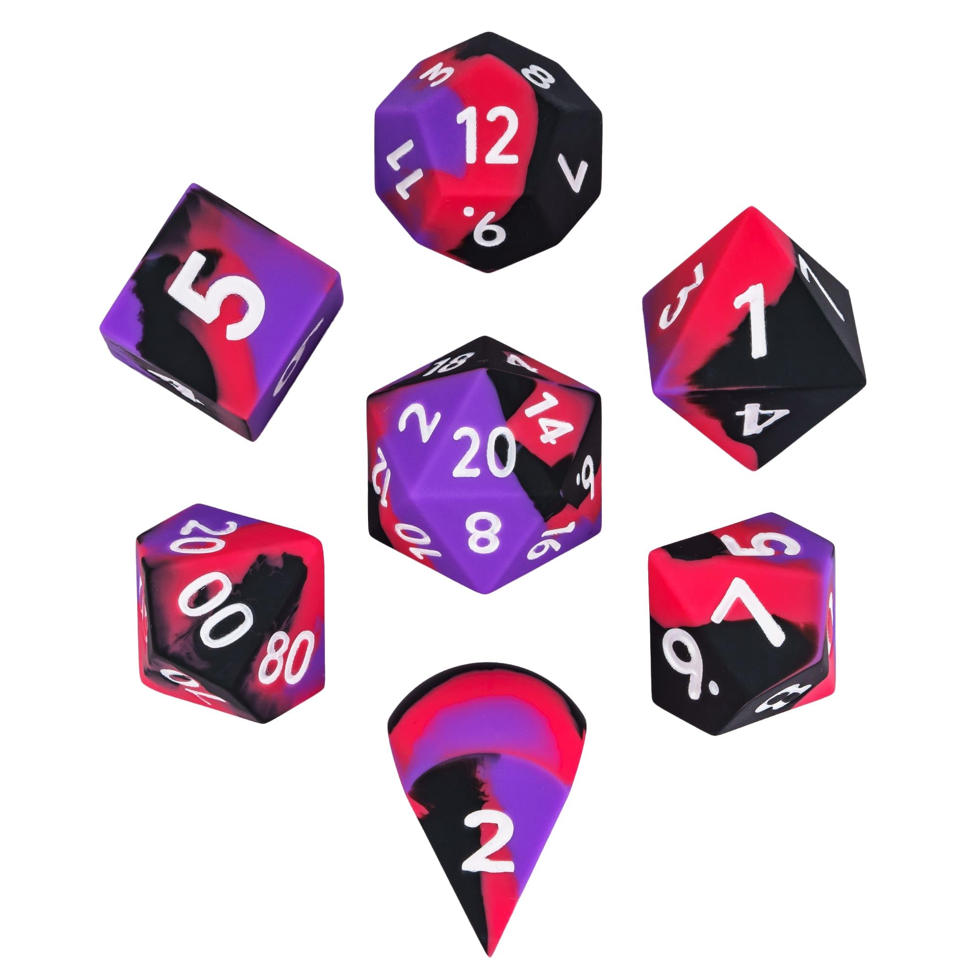 Set di 7 dadi jumbo in silicone per DND, 25 mm, con bordi rotondi, morbidi e perfetti, per giochi di ruolo di D&D, bar, pub, club, aule, feste (viola, nero, rosso)