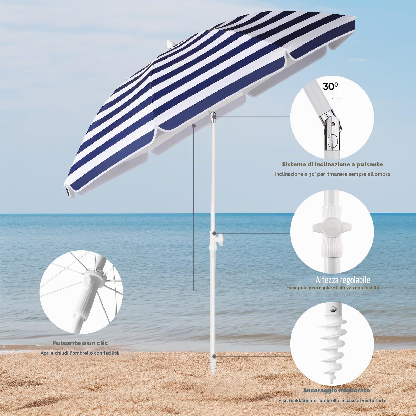 Sekey Ombrellone da spiaggia con picchetto, copertura per ombrellone e gancio, ombrellone stabile con otto balene, per balcone, giardino, terrazza, angolo di inclinazione e altezza regolabili