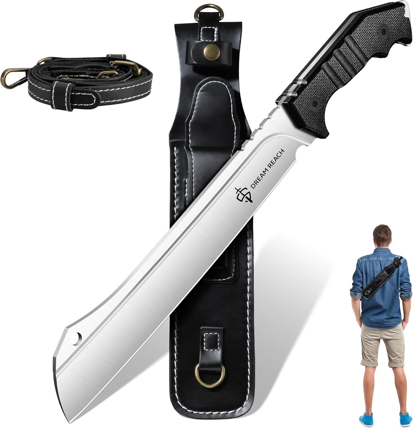 Dream Reach Heavy Duty Machete - Portable Full Tang Outdoor Survival Knife with Sheath Strap for Camping Hiking Gift for Men 9.6 Inches
