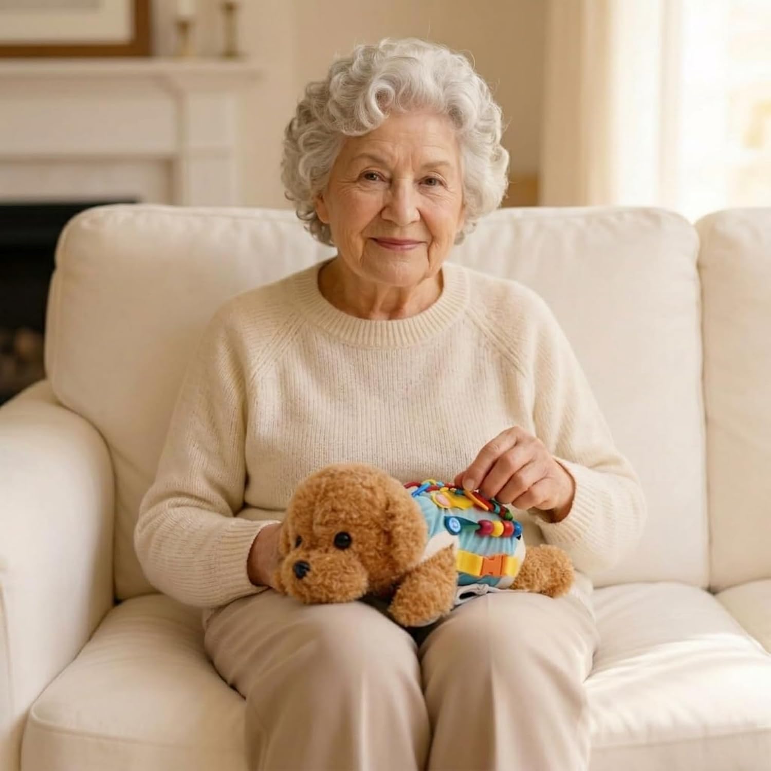Sensory Activity Companion for Seniors, Plush Companion with Interactive Zipper, Buckle, Beads, Laces and Photo Pocket for Daily Engagement