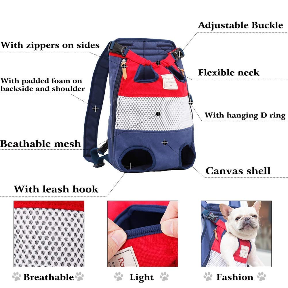 Tineer Zaino per Animali Domestici,Regolabile Dog Front Legs out Carrier Backpack Il Sacchetto di Mano Libero Viaggi,Easy-Fit per 5-12KG Piccole Medie Gatti Cani attività all'aperto (Rosso Blu)
