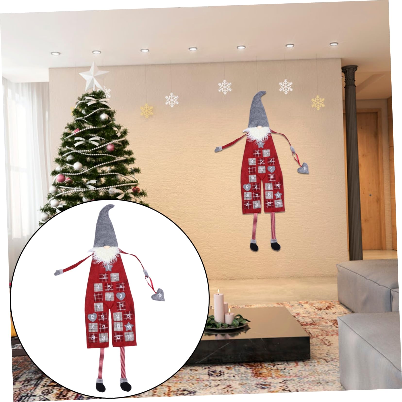 Calendario Avvento Decorativo Appendibile Rosso in Lino e Lana Artificiale Conto alla Rovescia per Natale Decorazione Festiva per Soggiorno e Camera