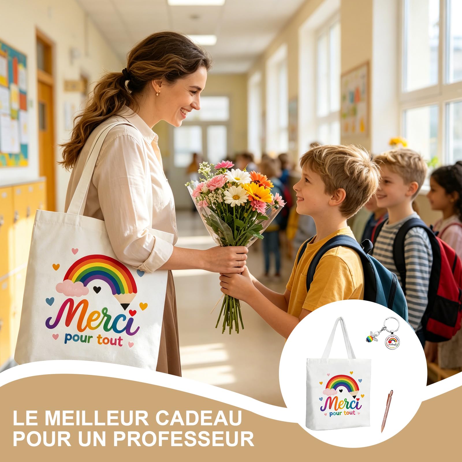 Cadeau Maitresse D'école Cadeau Maitresse 3 Pièces Pour Fin D'année Scolaire – Tote Bag Merci, Porte-Clés Arc-En-Ciel Et Stylo Rose – Tissu Résistant, Design Coloré Pour Professeur