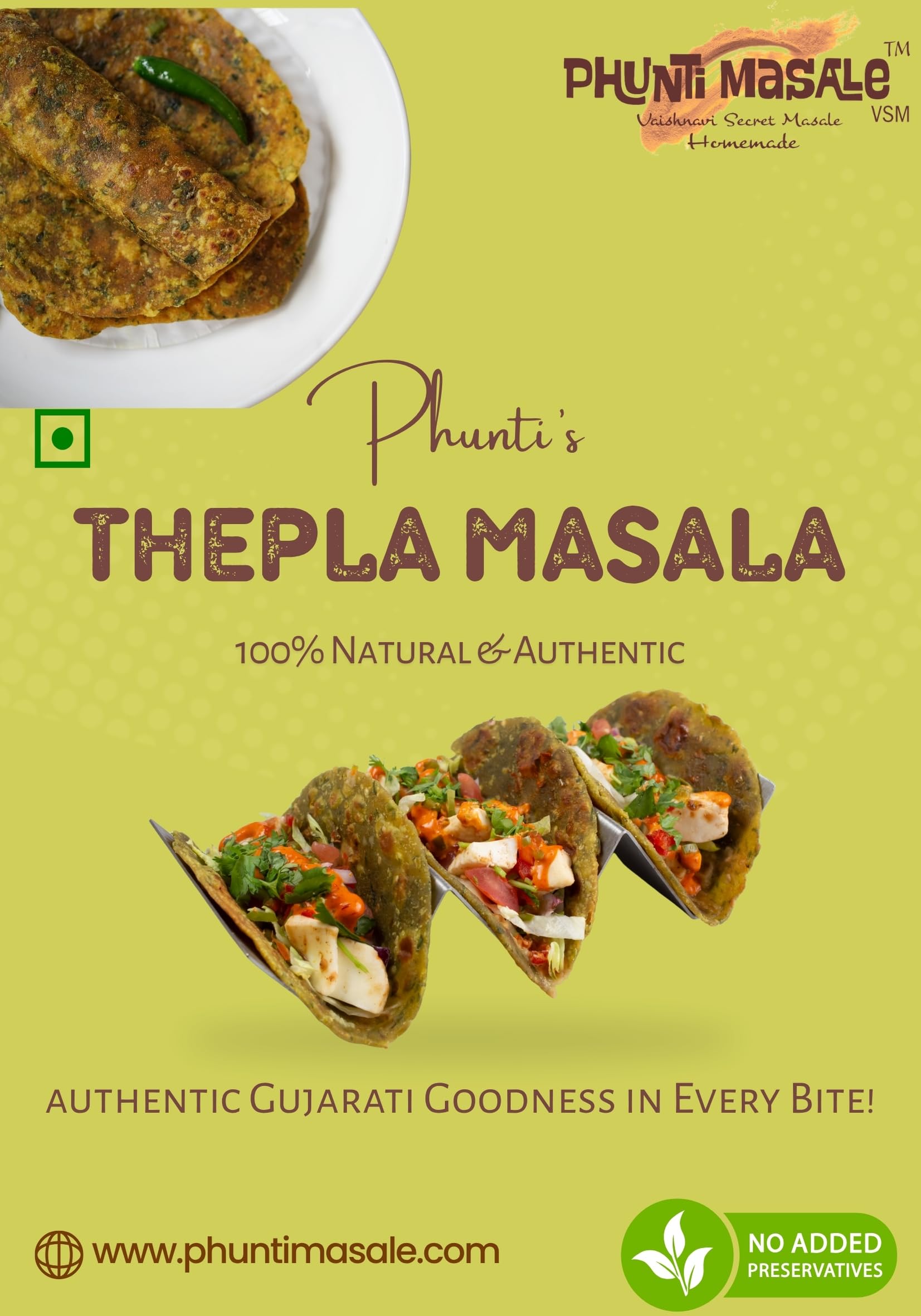 Phunti Masale VSM Thepla Masala Premix Powder 90g | Instant Gujarati Thepla Mix | Authentic Homemade Flavor | Perfect for Soft, Spicy Theplas | No Preservatives or Artificial Colors - Image 3 thumbnail