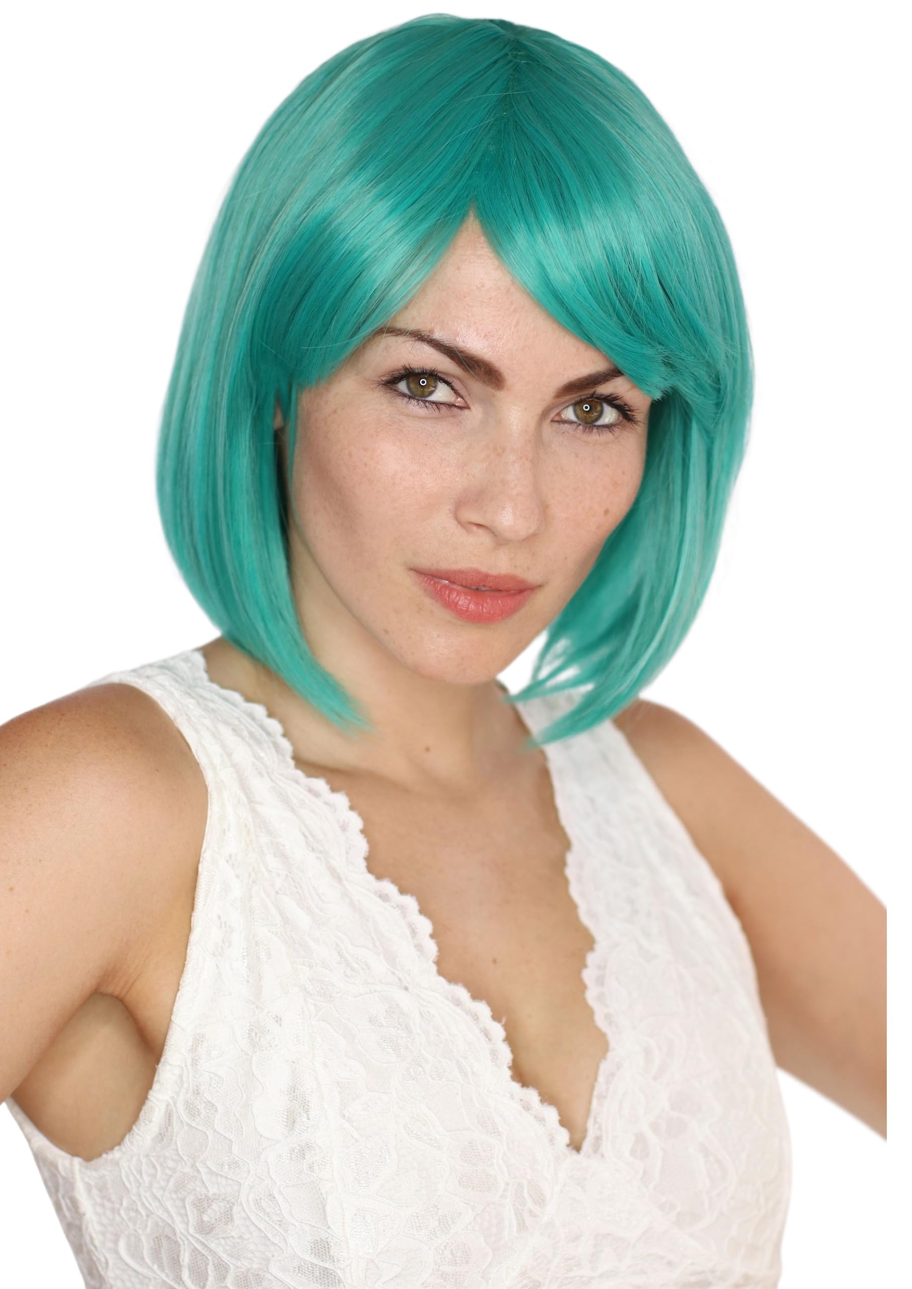 Prettyland ladies turquoise-green short chin-length natural like human hair short hair BOB straight anime wig Turquoise short green Wig C435