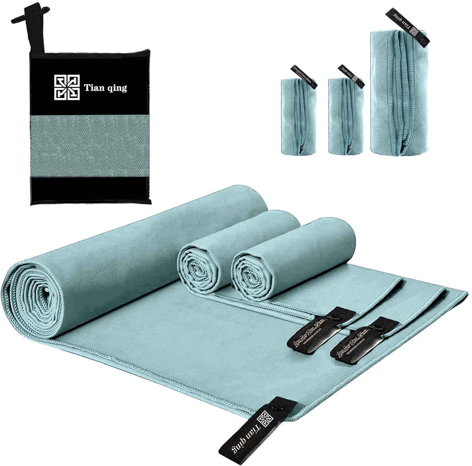 Tian qing Microfiber Towel Set, 3 Piece, Fast Drying, Soft Touch, Lightweight, Multiple Sizes for Beach, Backpacking Camping Hiking Gym Yoga Swimming Travel (Wathet, Large)