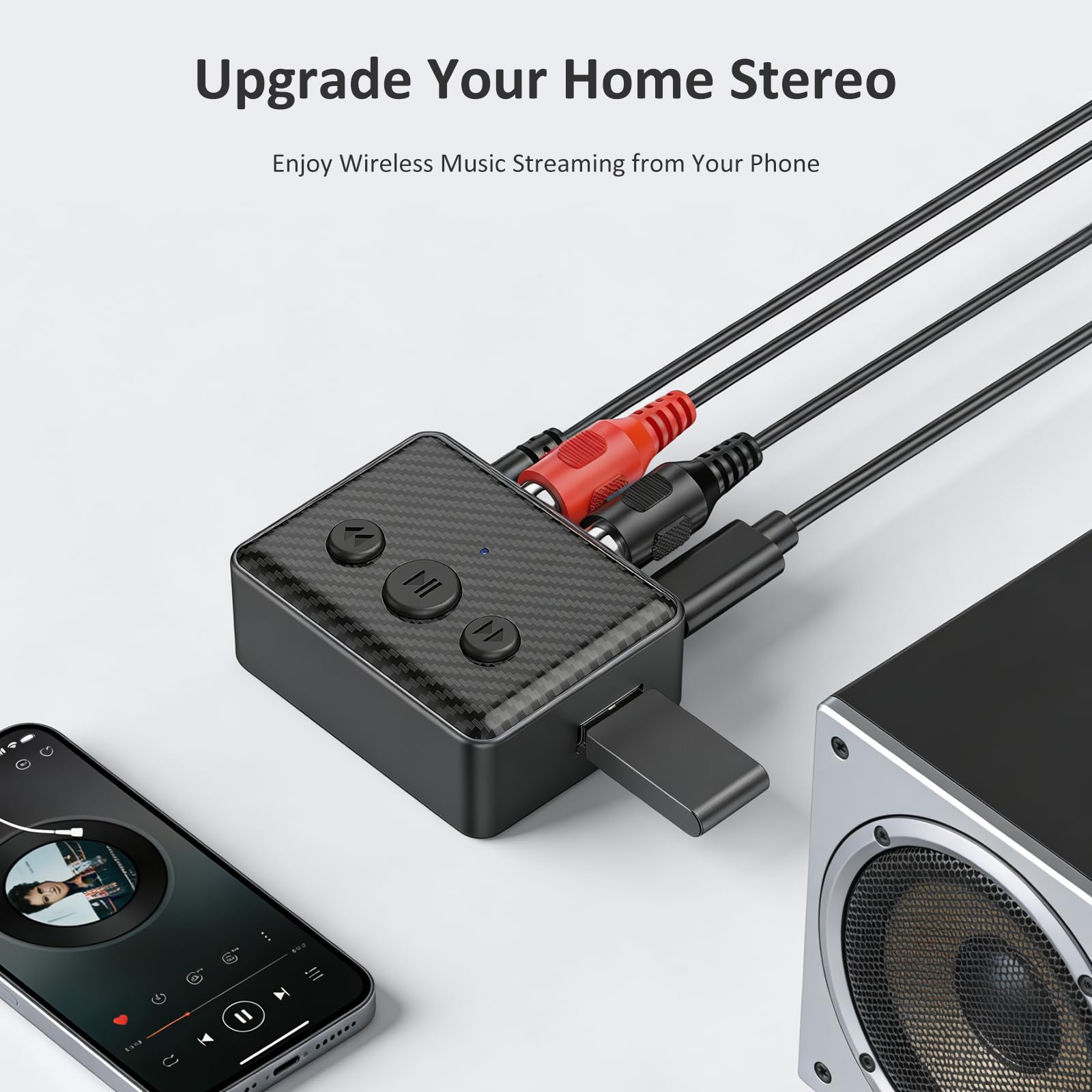 Bluetooth Audio Receiver Adaptador Bluetooth 5.4 con Salida AUX/RCA y Control de Volumen, Reproducción USB, para Coche & Hogar, Sonido HiFi, Incluye Cable Audio