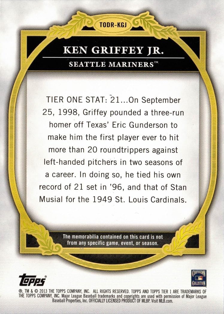 2013 Topps Tier One Dual Relics #TODR-KGJ Ken Griffey Jr Game Used Bat Baseball Card - Only 50 made!