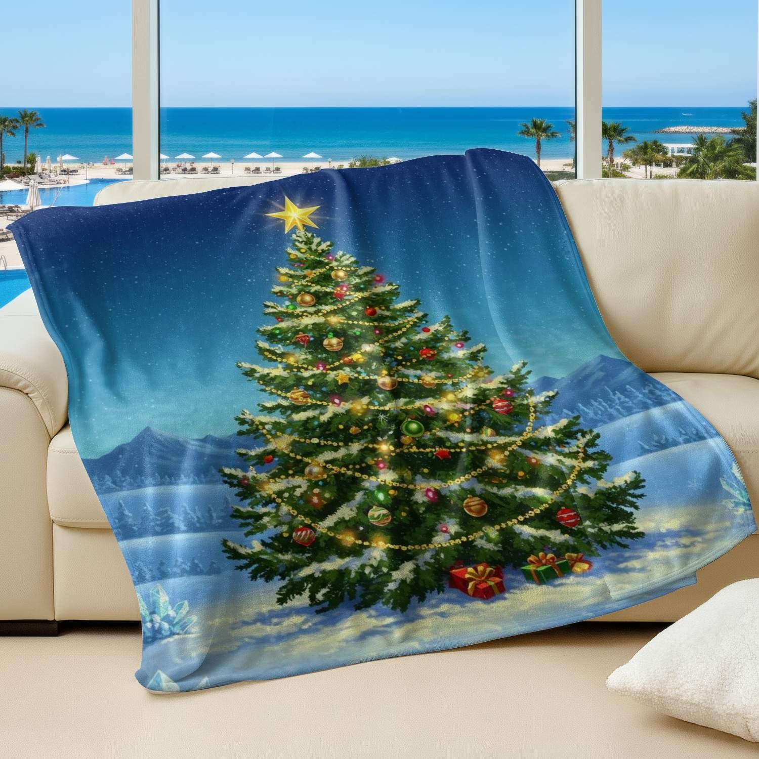Couverture arbre de Noël aquarelle flanelle grand plaid canapé décoration 180x200 cm