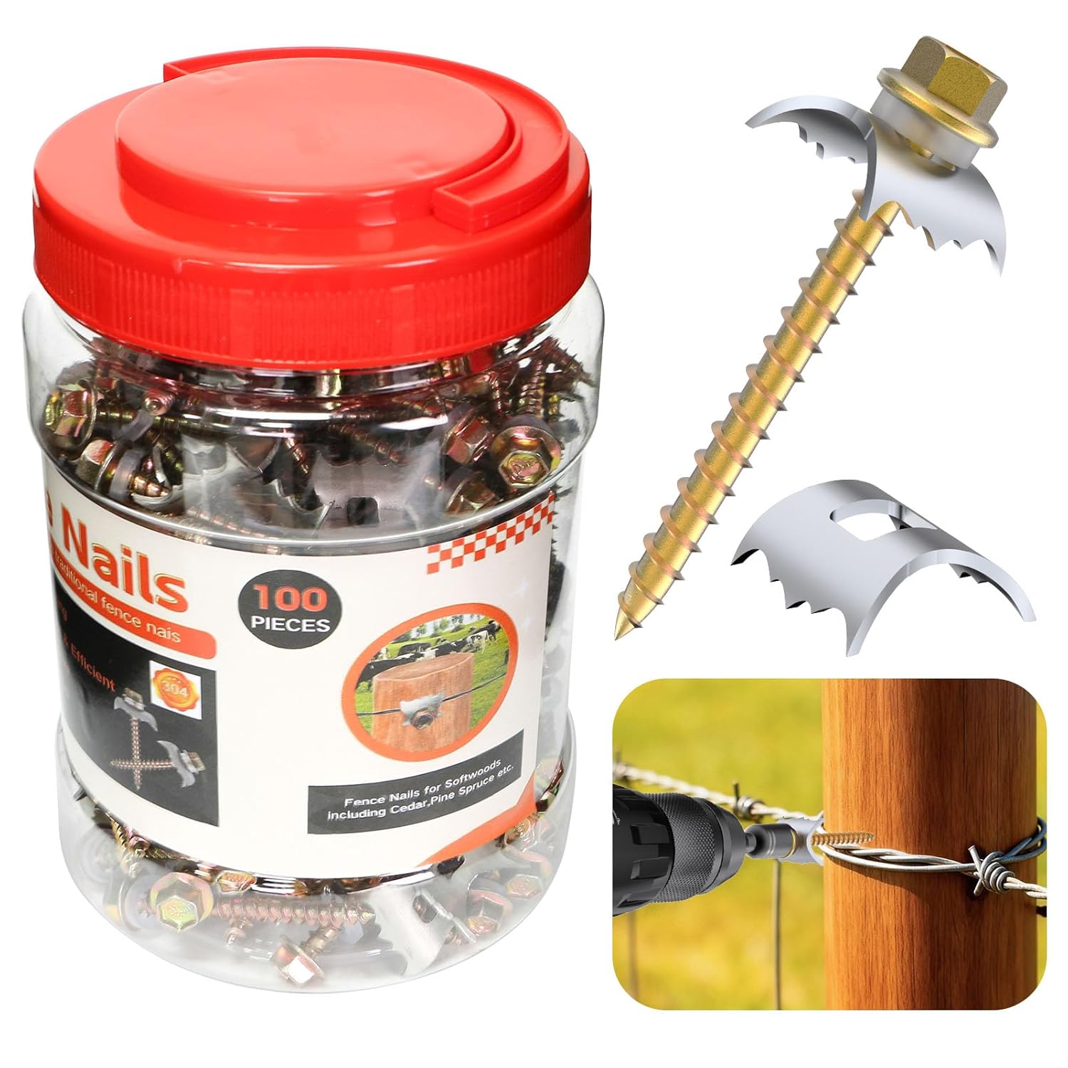 200 Pcs Stainless Steel Fence Staples Fence Nails for Softwood Reusable Fence Nails for Wire Mesh & Woven Fencing,Fence Fasteners with Wire Fixer, Easy Install & Remove with Power Drill