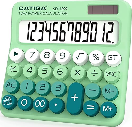 CATIGA Calculadora de interruptor mecánico con energía solar y batería doble, pantalla LCD grande de 12 dígitos, calculadora de escritorio estética