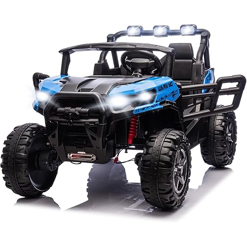 JOYMOR 2-Seater 24V Ride On UTV Truck with Remote Control, 3 Speeds Electric Car with Spring Suspension LED Music, 4 Motors Power Wheel for Kids Ages 3-8, 135 lbs Weight Capacity (Blue)