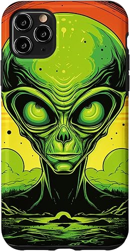 Vista 25 de iPhone 14 Pro Cute Green Alien Head UFO Space Face Alien Case