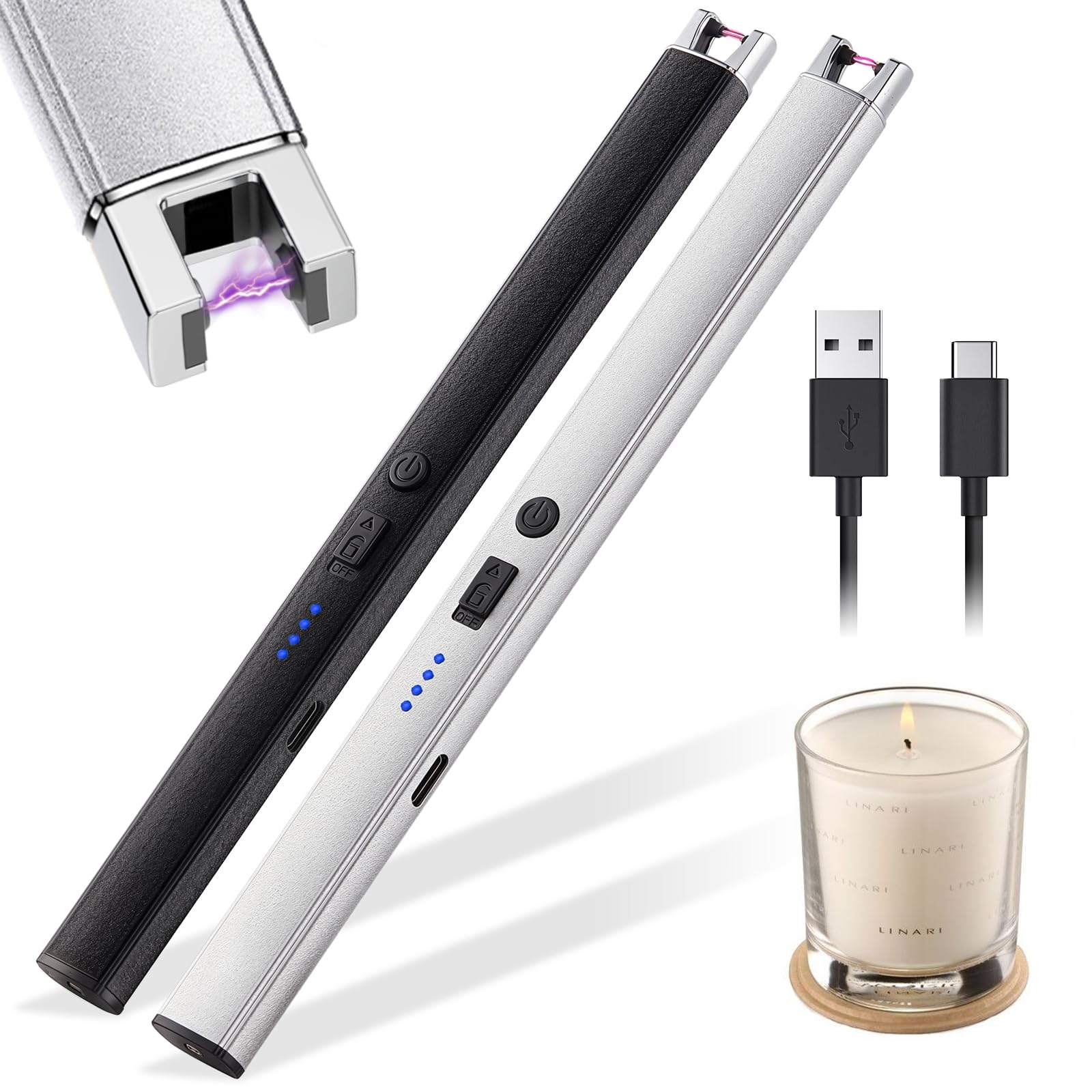 2 Piezas Encendedor Eléctrico de Arco, Recargable USB con Indicador LED, Resistente al Viento Sin Butano, Doble Seguridad, Negro y Plateado, Ideal para Velas, Cocina, Chimenea y Camping - 2