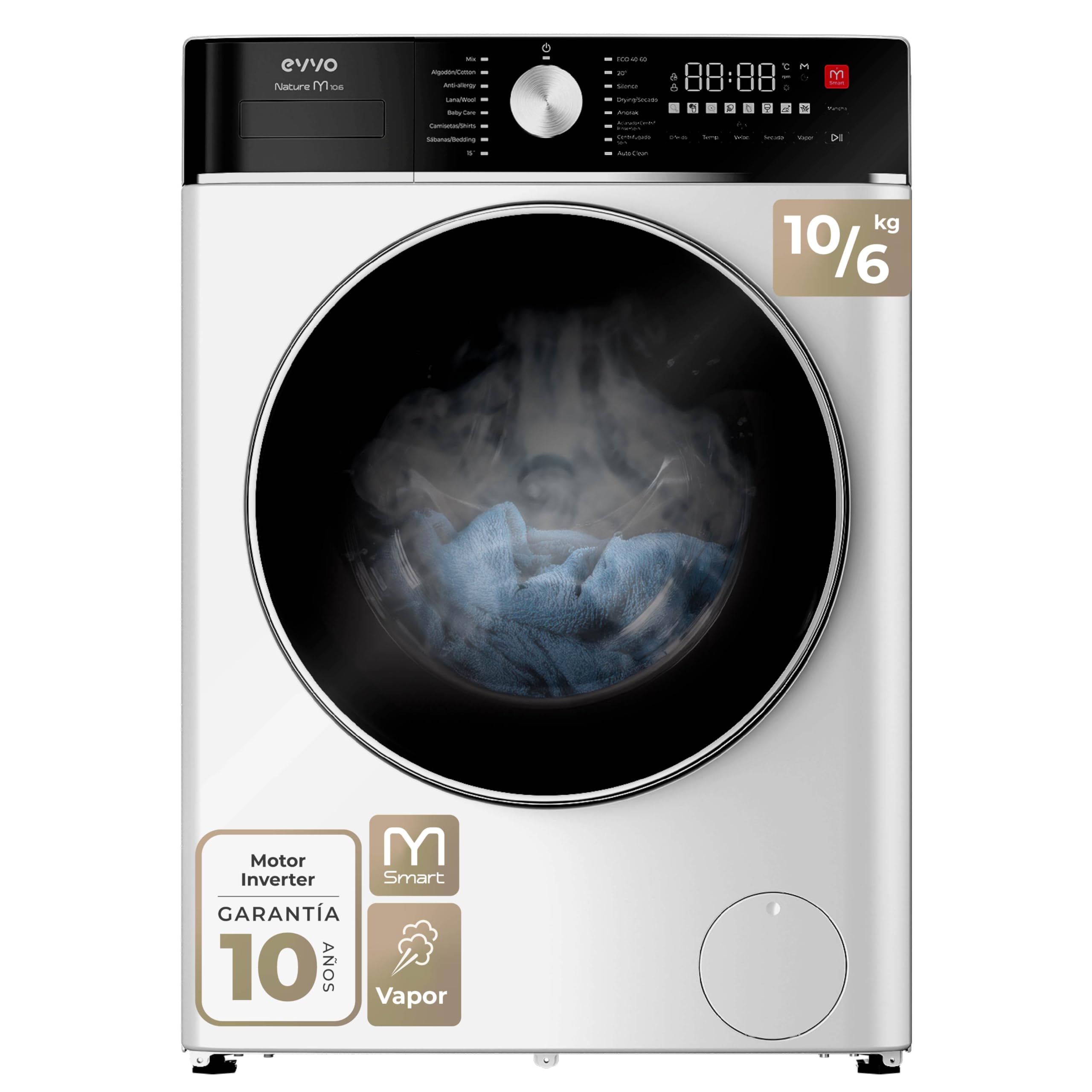 EVVO Nature M10/6X Washer-Dryer, 10 kg Wash + 6 kg Drying, 1400 rpm, BLDC Inverter Motor, Steam Wash, M-Smart One-Touch, Quick Wash 15', Delayed End 24 h, Stainless Steel — view 10