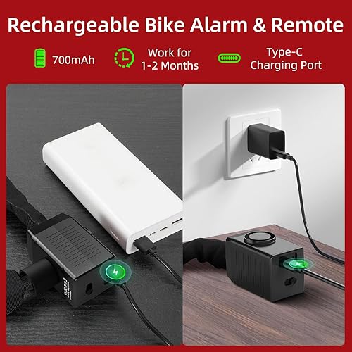 Miniatura 3 de BANGTING Candado de cadena de bicicleta de 4 pies resistente con alarma de 110 dB, cerradura de bicicleta resistente antirrobo con llave para