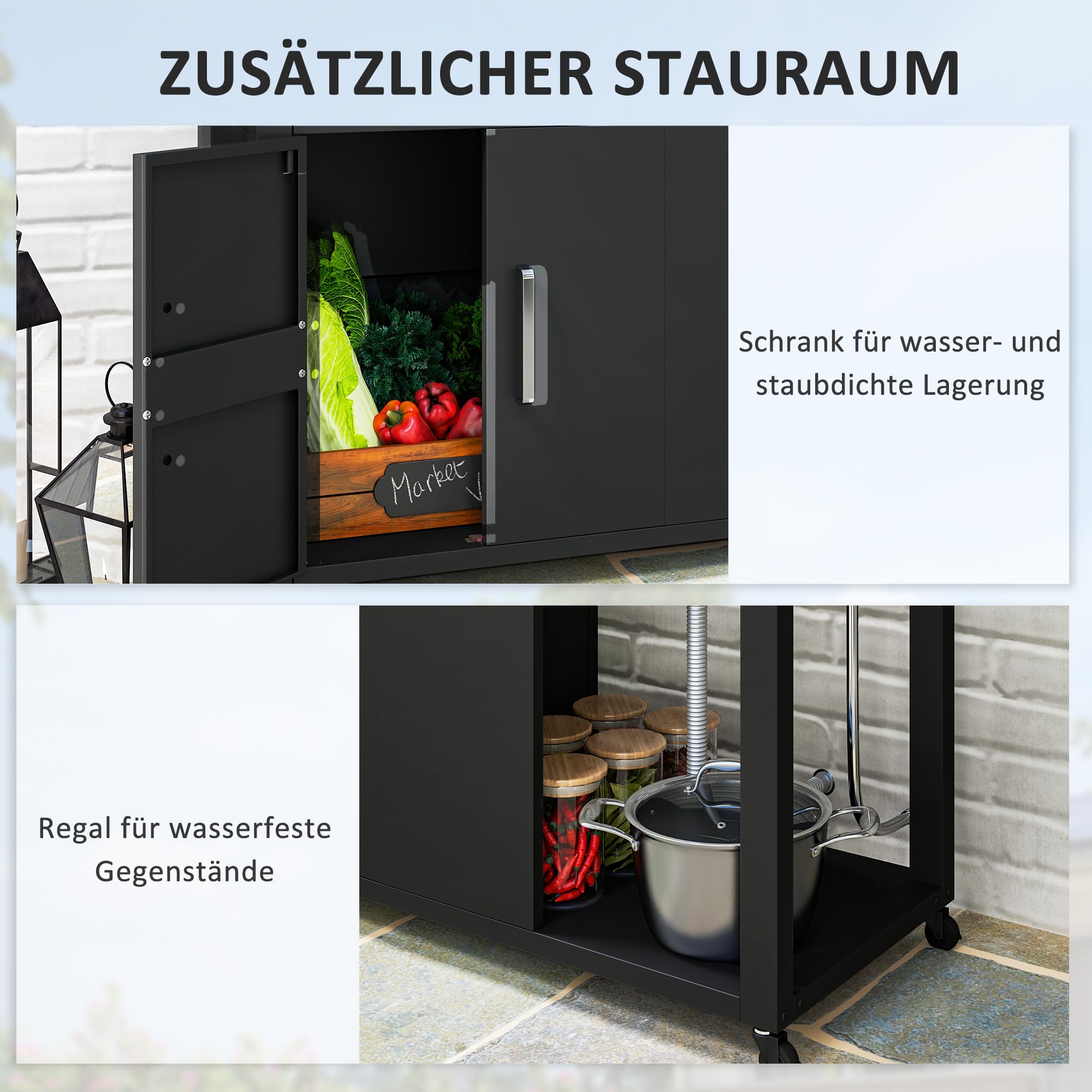 Outsunny Grillwagen Servierwagen mit Arbeitsfläche Seitenblatt Schrank Spüle Räder, BBQ Grilltisch aus Edelstahl, Outdoor Grill Beistelltisch für Garten, Terrasse, Grill 162,5 x 47 x 87cm Schwarz