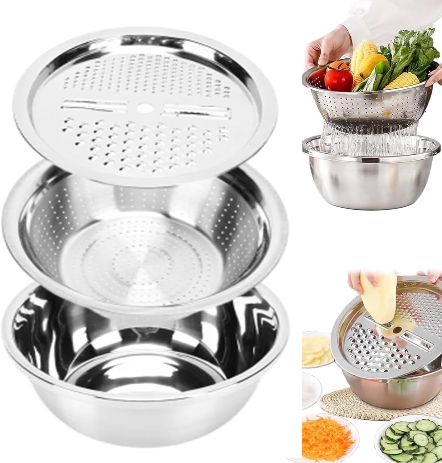 Topyond Stainless Steel Basin,Fruit Cleaner Drain Basin,3 in 1 Set Mixing Bowl colander for kitchen Drain Basin for Graters Salad Maker Bowl Drain Basin and Rice Sieve Pot