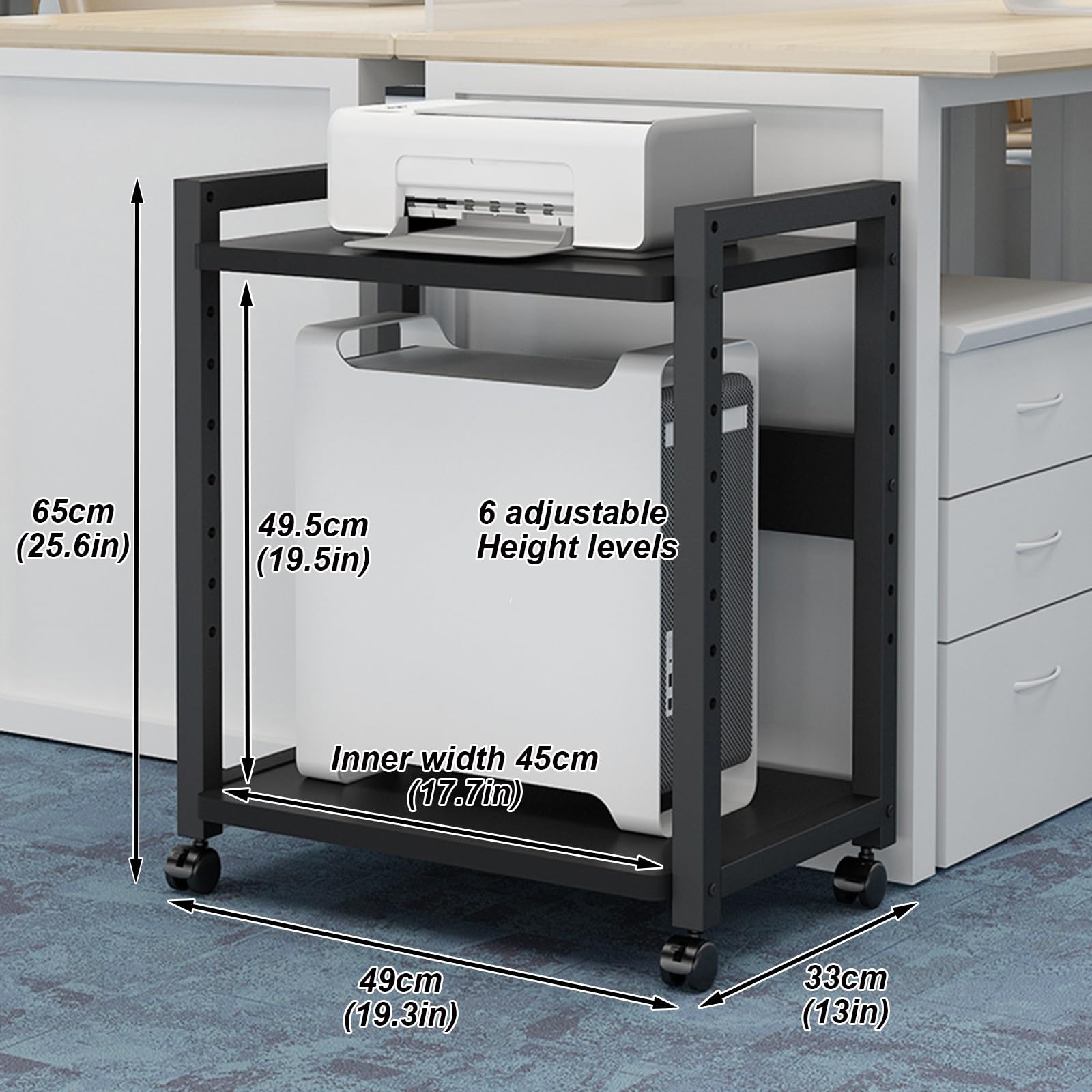 Tavolo per stampante regolabile in altezza con rotelle – Supporto per computer a 2 livelli per CPU, trituratore e PC portatile – ideale per casa, ufficio e gioco