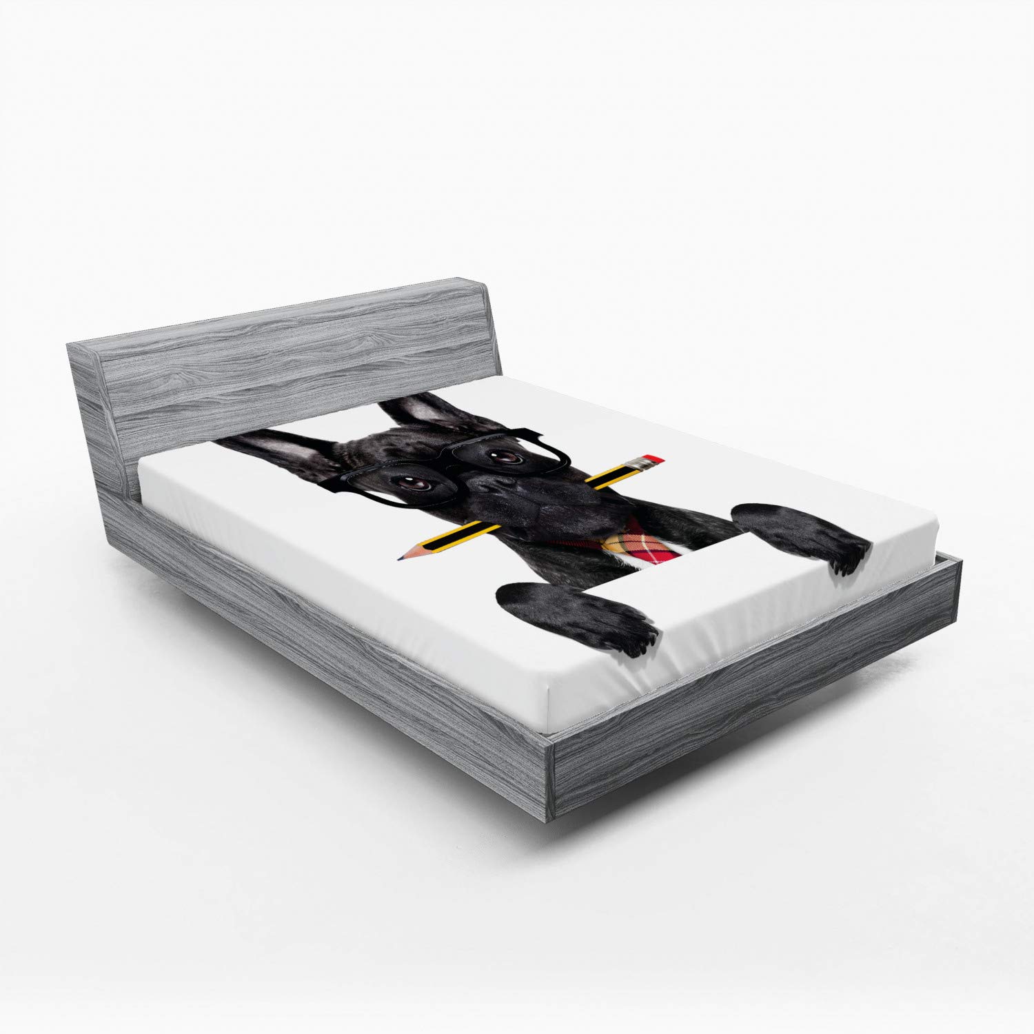 Ambesonne Bulldog Fitted Sheet Set, Businessman Black Dog with Glasses and Pencil in His Mouth Office Manager Boss, Decorative Bedding All-Round Elastic Pocket 2 Pcs, Full Size, Charcoal White