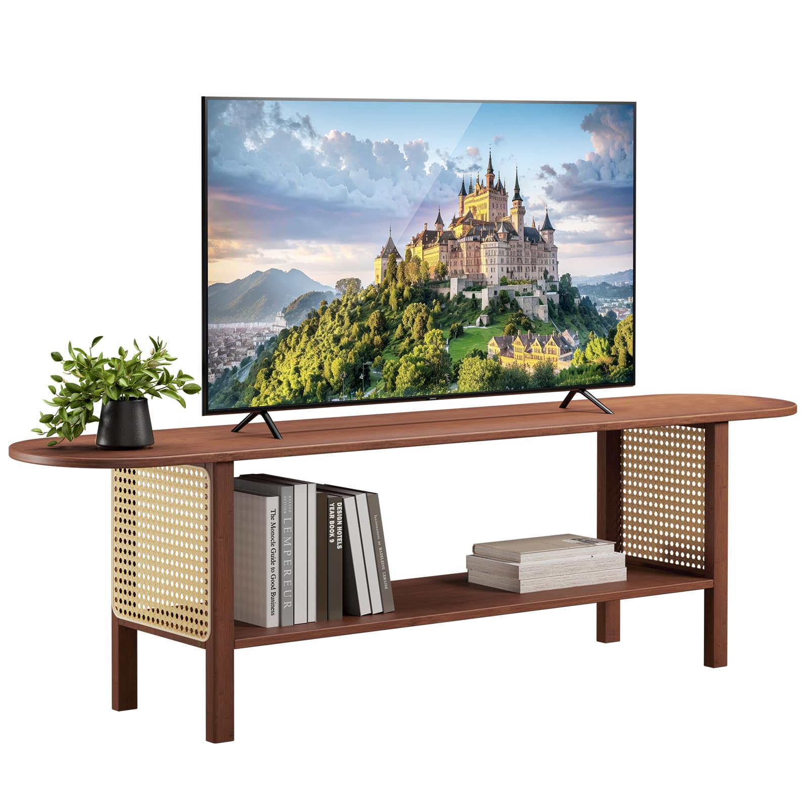 HollyHOME TV Schrank Bambus TV Lowboard Rattan 140cm Fernsehschrank Fernsehtisch TV Bank 2-stöckige TV Tish TV Table für Wohnzimmer Schlafzimmer, Dunkel