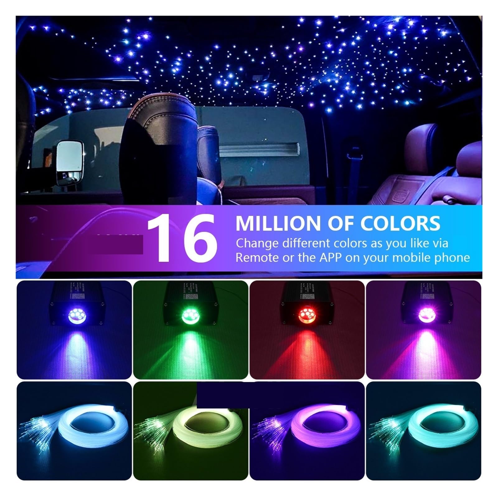Oświetlenie wnętrza samochodu LED, 16W Twinkle RGBW samochód gwiaździste niebo, inteligentna aplikacja kontroler muzyczny na dach samochodowy gwiazda sufitowa, wnętrze samochodu Led lampy światłowodow