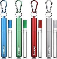 ECOANGEL 4-Pack Collapsible Reusable Stainless Steel Straws with Case, Cleaning Brush & Carabiner - Travel Essential for Cruises