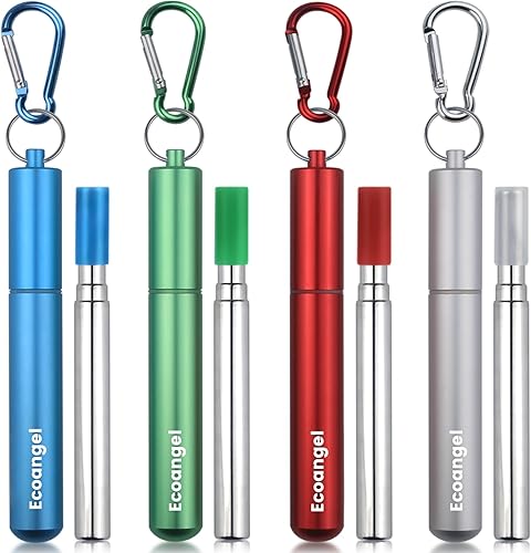 Paquete de 4 popotes de metal reutilizables y portátiles de acero inoxidable plegables para beber agua con estuche de llavero de aluminio y cepillo