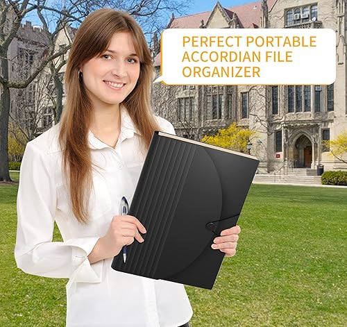 Miniatura 13 de Carpeta de archivos expansible, organizador de archivos de acordeón, 24 bolsillos, organizador de documentos tamaño carta, caja de archivo Negro