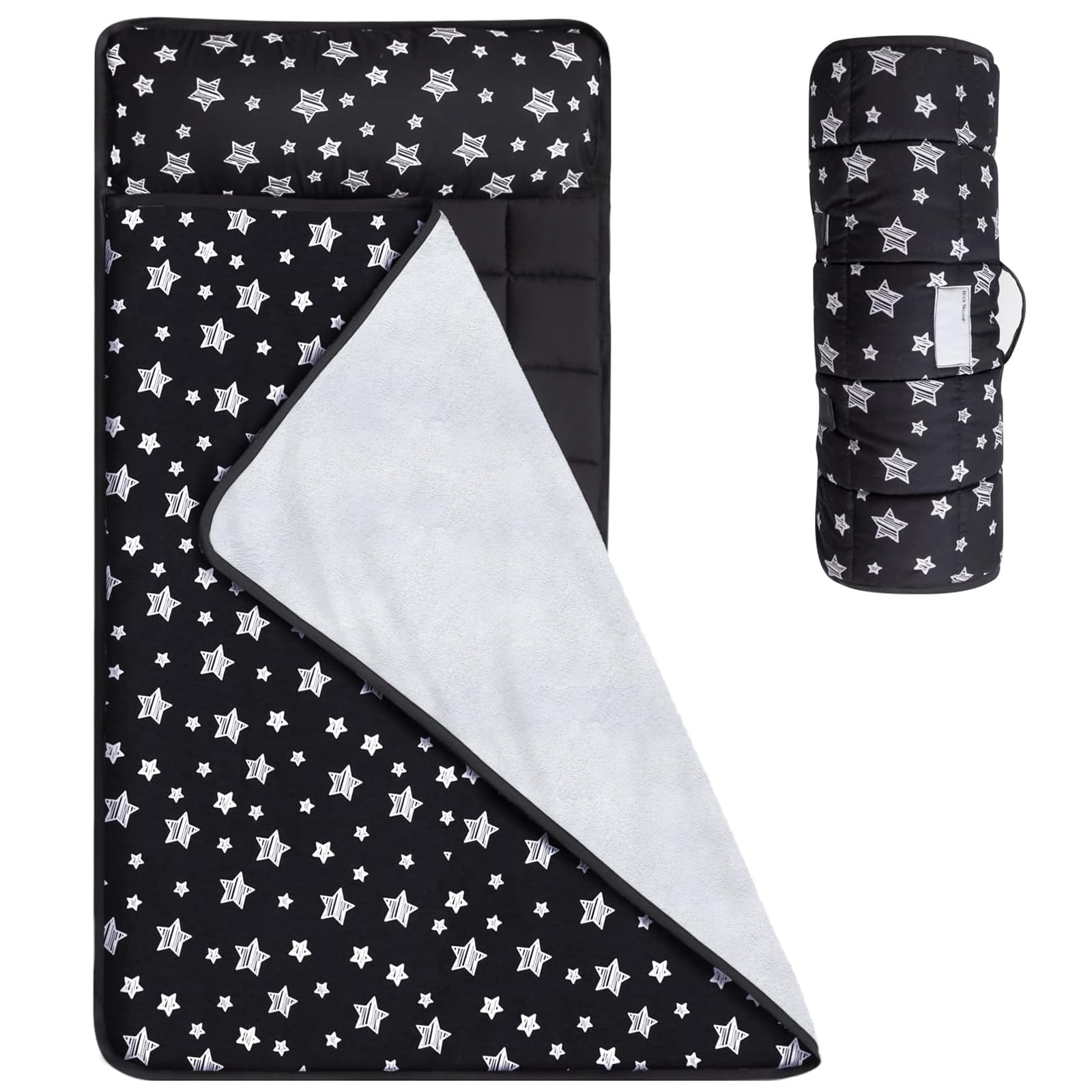 Toddler Sleeping Bag Nap Mat Black with Fleece Blanket, Lightweight, Soft Perfect for Kids Preschool, Daycare, Travel Sleeping Bag Boys Girls, 21" x