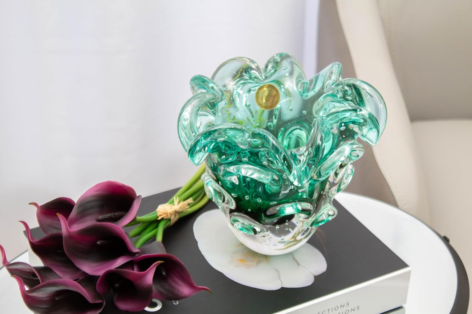 Luxury Blown Glass Vase Green, Traun Model, Murano-Style, Unique Brazilian Craft, Table Centerpiece, Home Decor, Living Room, Wedding, Office, 5.7 lbs