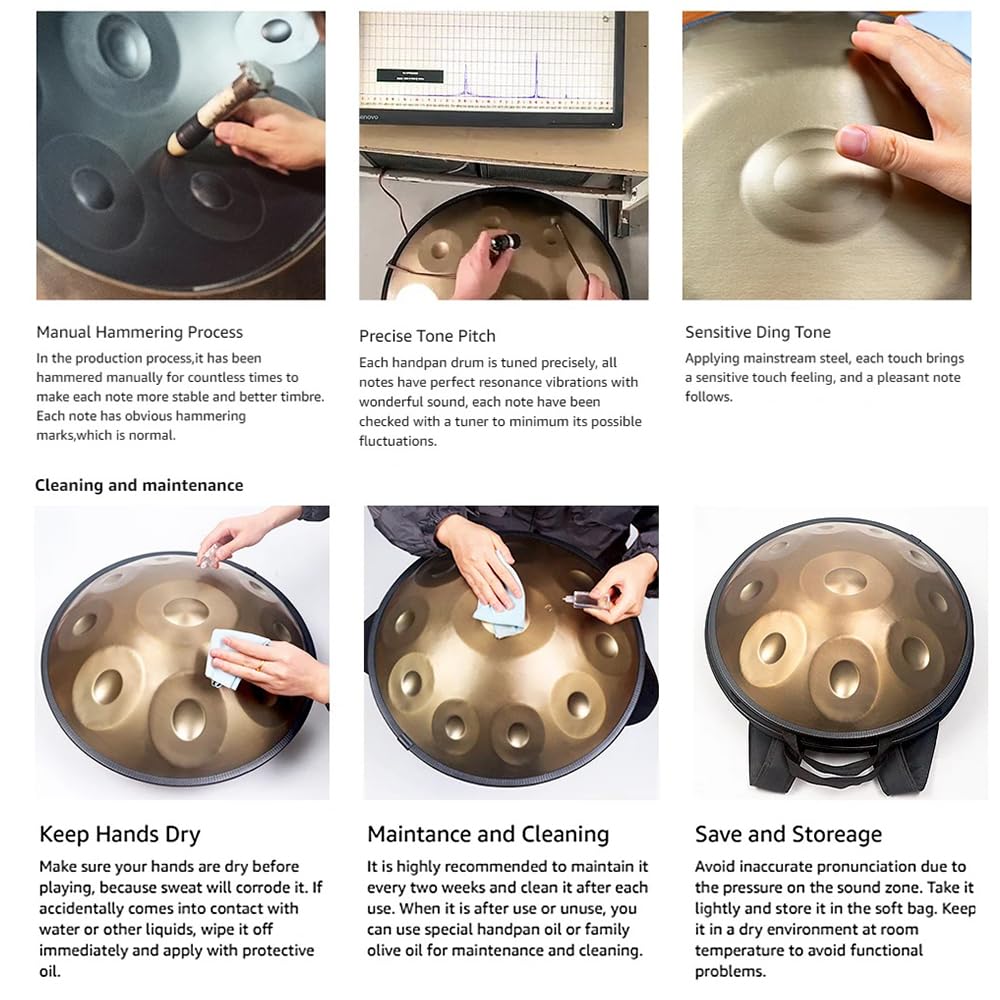 22 Zoll Handpan Drum,9/10/12 Hand Tuning Handpan, Stahl Handpan Trommel Mit Handpan Tasche, 2 Schlägeln Handtrommelständer für Anfänger Profis Musiktherapie (Gold, 9 Noten)