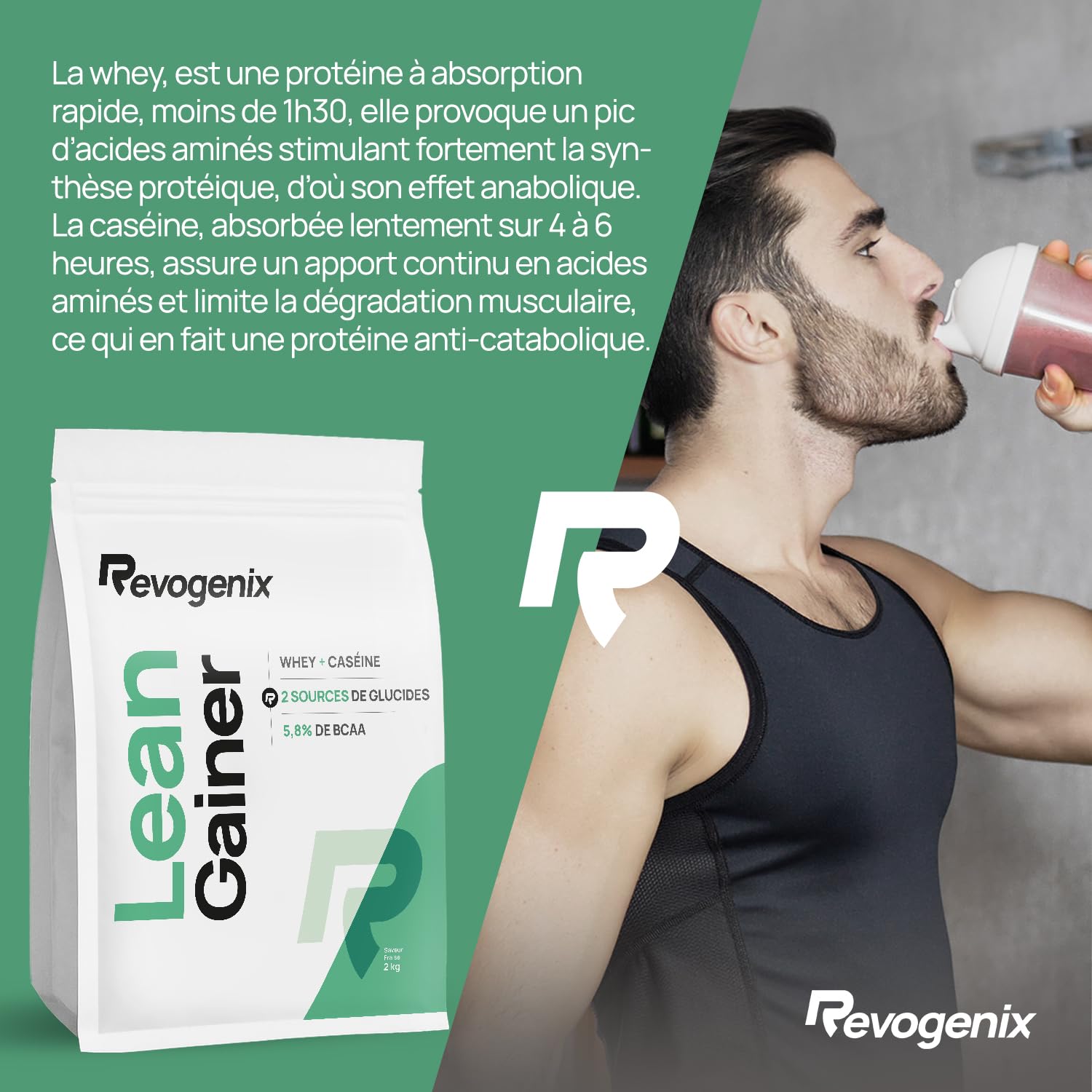 LEAN GAINER | Protéines avec Whey + Caséine | Glucides avec Farine d’avoine + Maltodextrine | Gainer Prise de Masse Musculation sèche | Riche en BCAA | Doypack de 2 kg Saveur Fraise | REVOGENIX