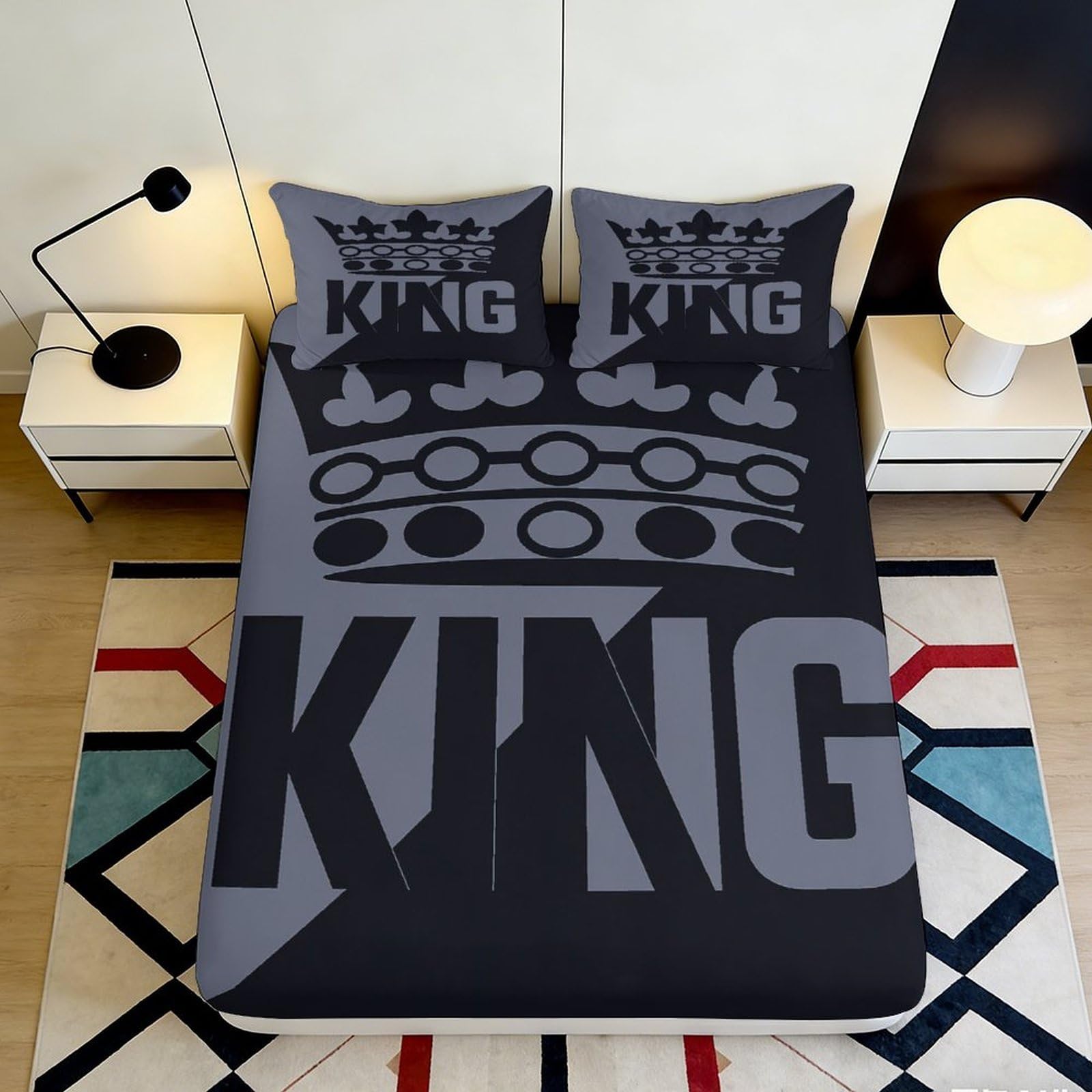 Jqzkxnhpbr Style-3 3D Printed King Crown Fitted Sheet Microfiber Soft Non Slip Black Grey Bed Sheet Decor For Bedroom Guestroom 90X200x25cm
