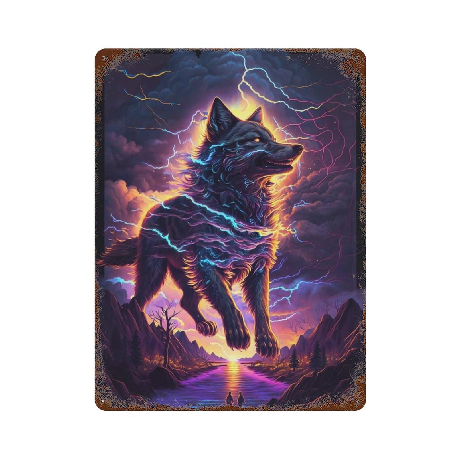Electric Wolf Fantasy Scene Aged Metal Wall Plaque 15.7"x11.8", Industrial Home Decor for Garage, Pub Or Kitchen