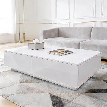 White Gloss Coffee Table for Living Room Rectangle Centre Table with 4 Drawers Home Office Furniture 95 x 60 x 31cm