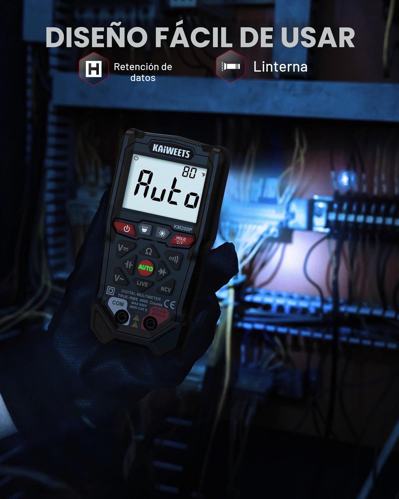 Multímetro Digital KAIWEETS con Control por Botones, 4000 Cuentas, Selección Automática de Rango, TRMS, Función NCV y Prueba de Cable Vivo, Mide Tensión CA/CC, Resistencia, Continuidad y Capacidad