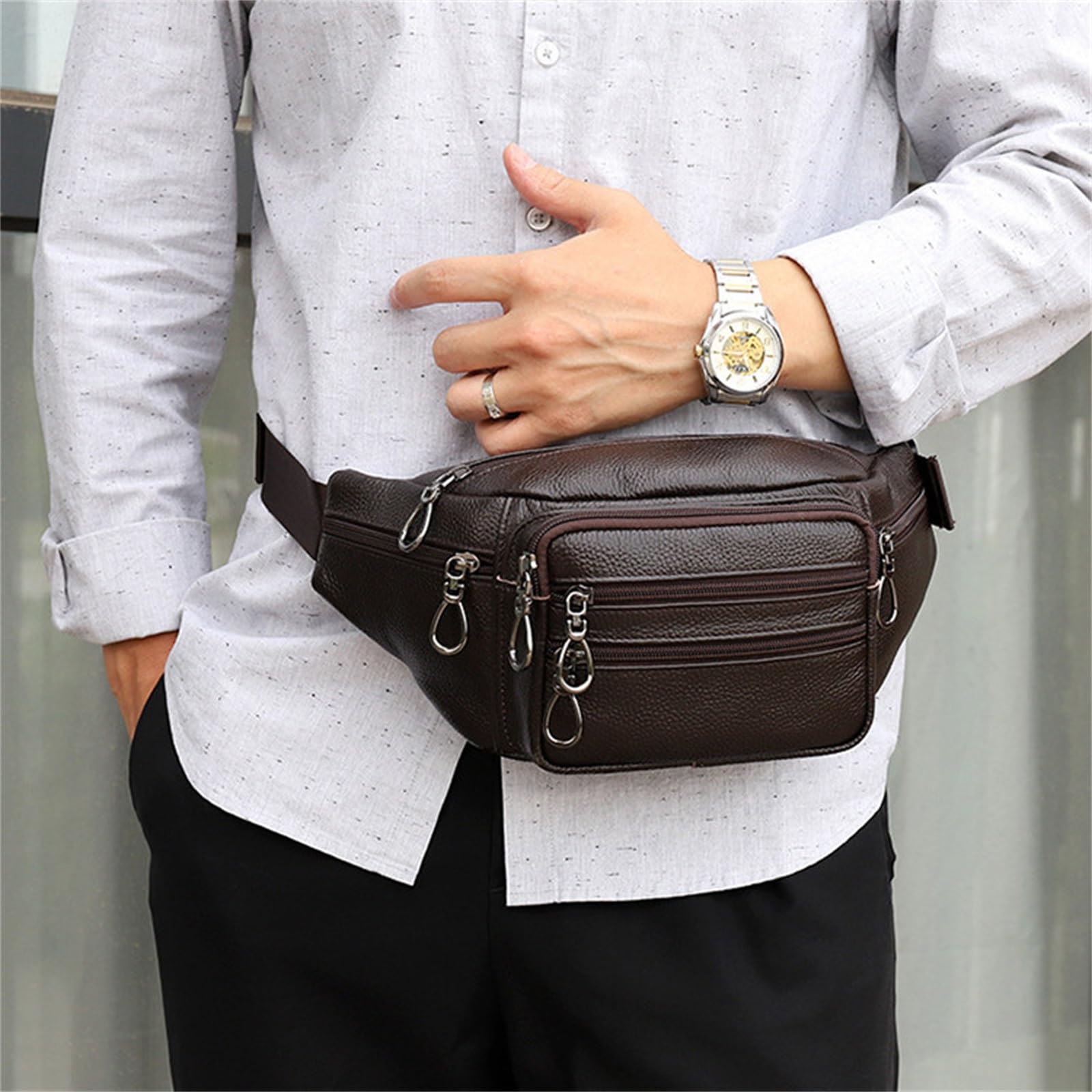 Męska nerka nerka saszetka sportowa skórzana torba na ramię odzież robocza torba crossbody, Brązowy, 32x12x7cm, Jeden styl