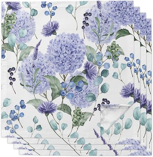 Juego de 4 servilletas de cocina, servilletas de tela de hortensias moradas de acuarela reutilizables, lavables, para bodas, cócteles, fiestas,