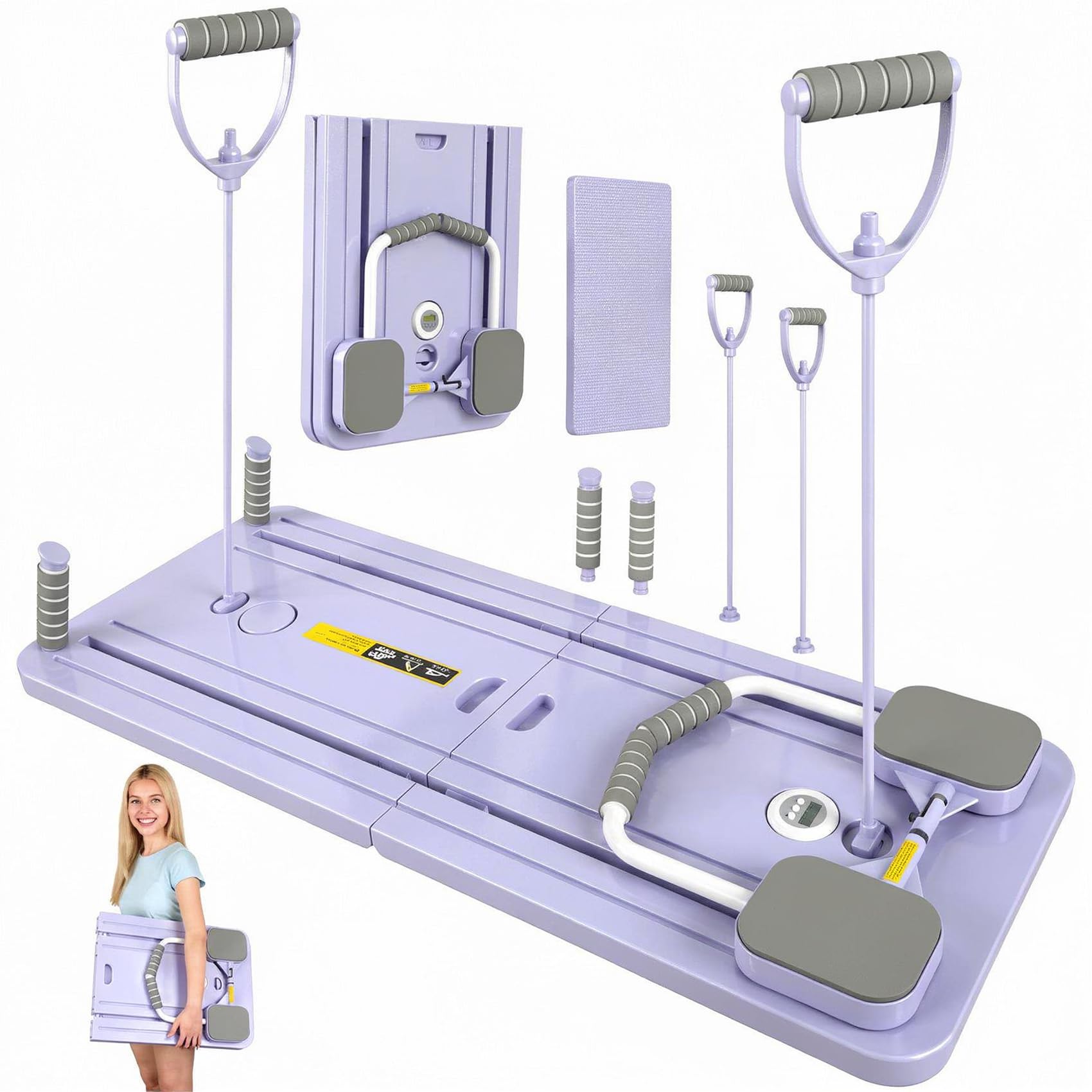 Pilates Reformer Compact 5 en 1 - Pliable - Avec compteur LED - Rouleau à rebond automatique - Planche abdominale multifonction pour la maison et la salle de sport (violet avec poignée)